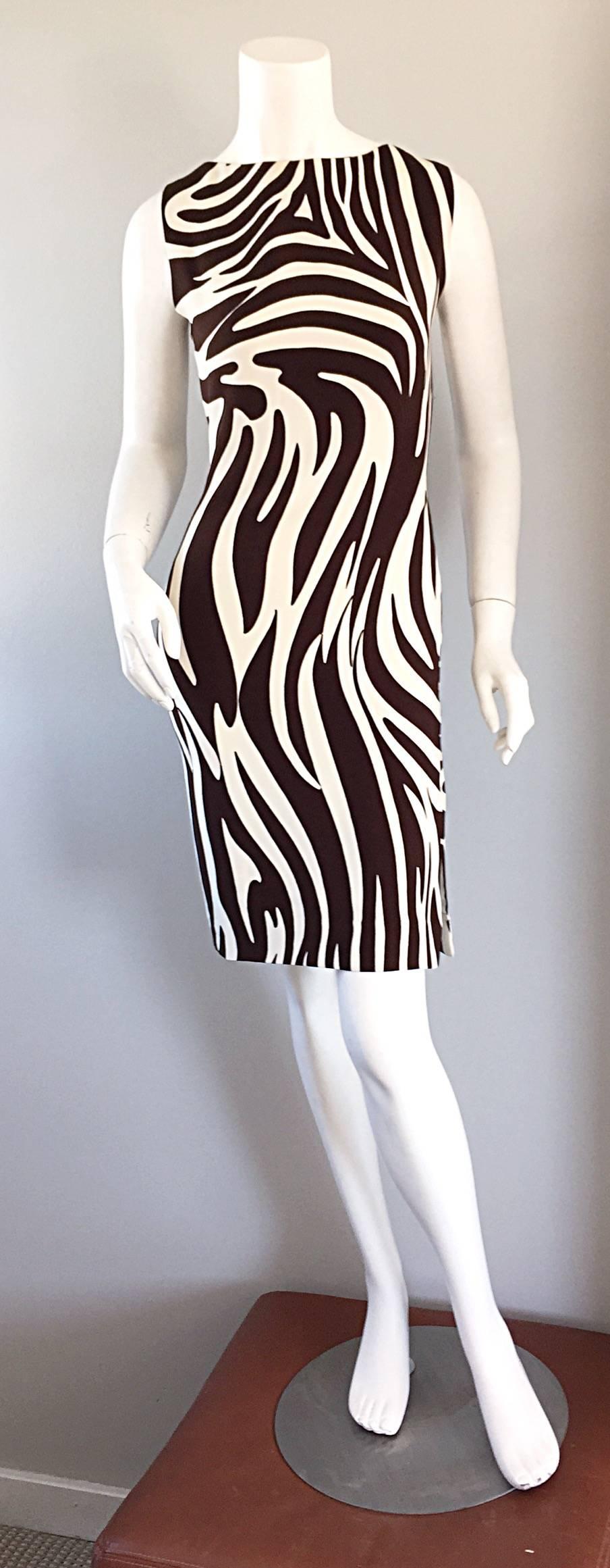 Chic Vintage Bill Blass FW92 Brown + Ivory Silk Zebra Safari Runway Dress 1