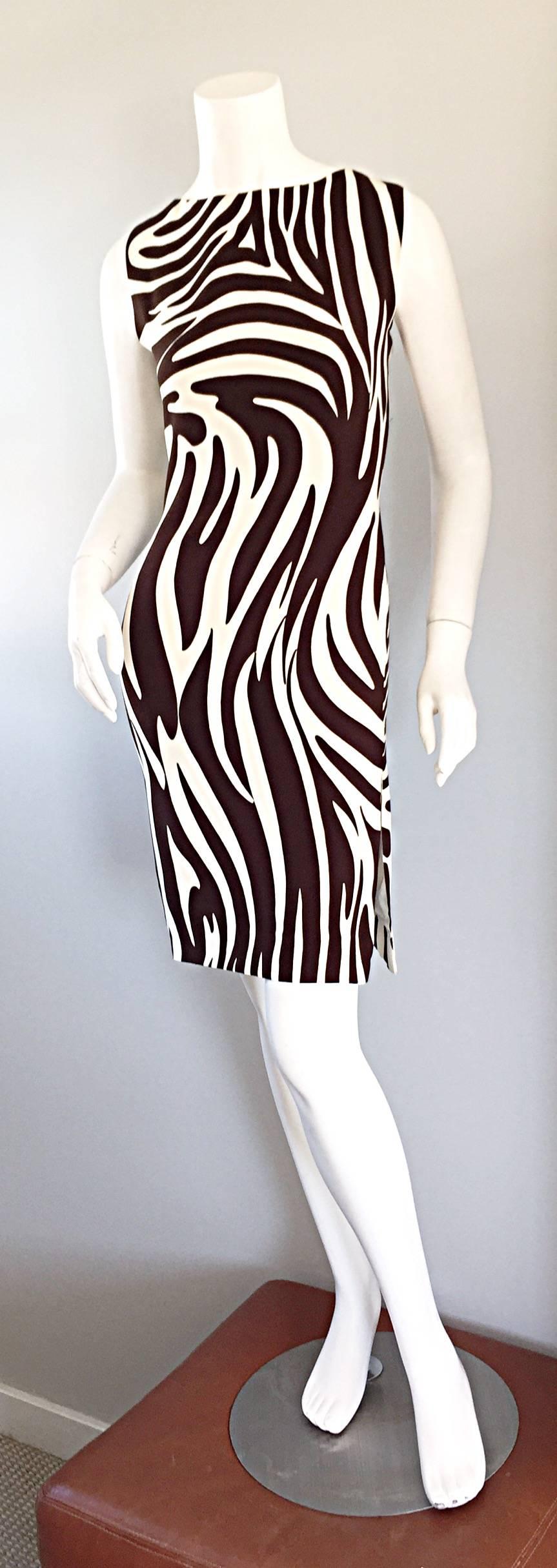 Black Chic Vintage Bill Blass FW92 Brown + Ivory Silk Zebra Safari Runway Dress