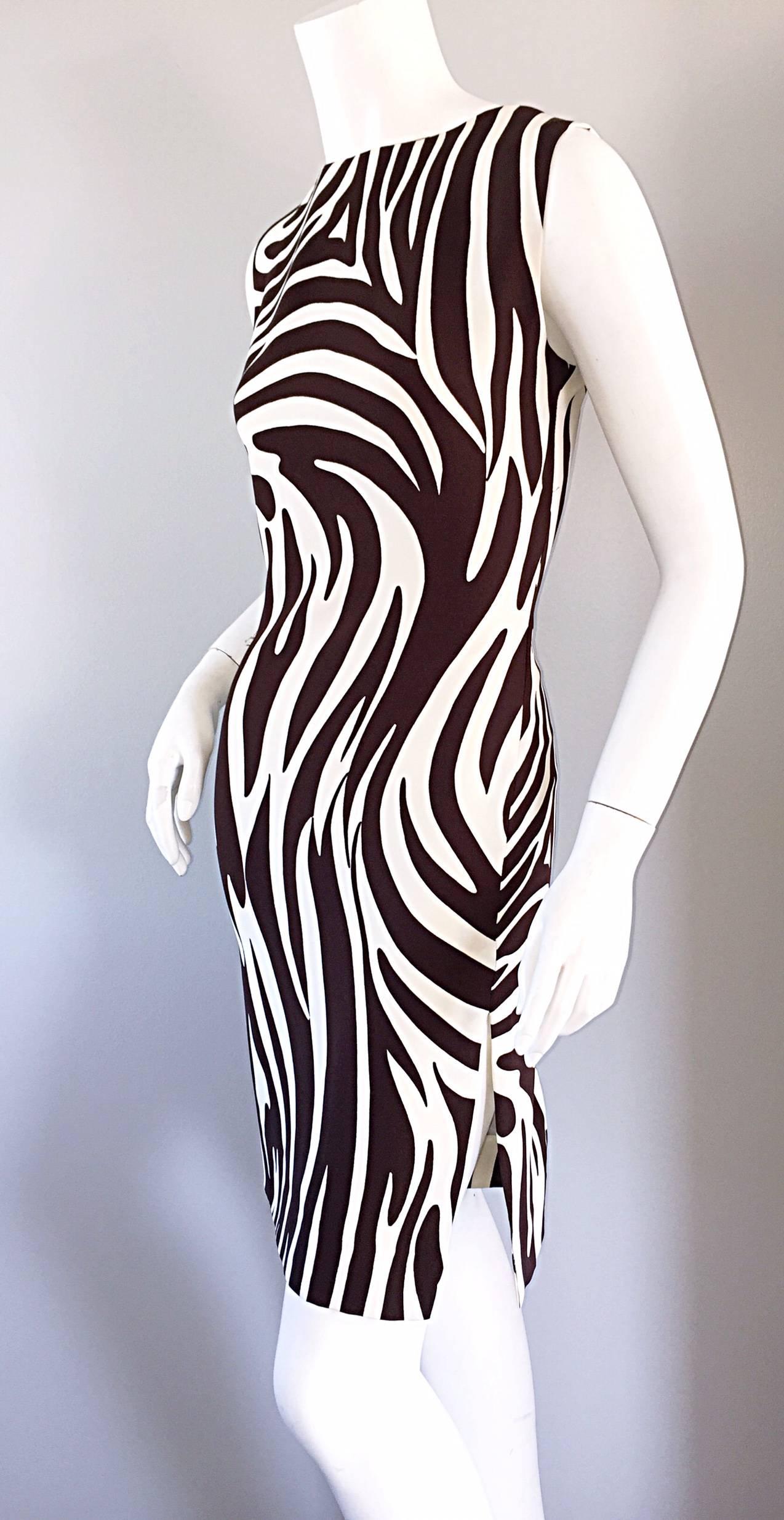 Chic Vintage Bill Blass FW92 Brown + Ivory Silk Zebra Safari Runway Dress 2