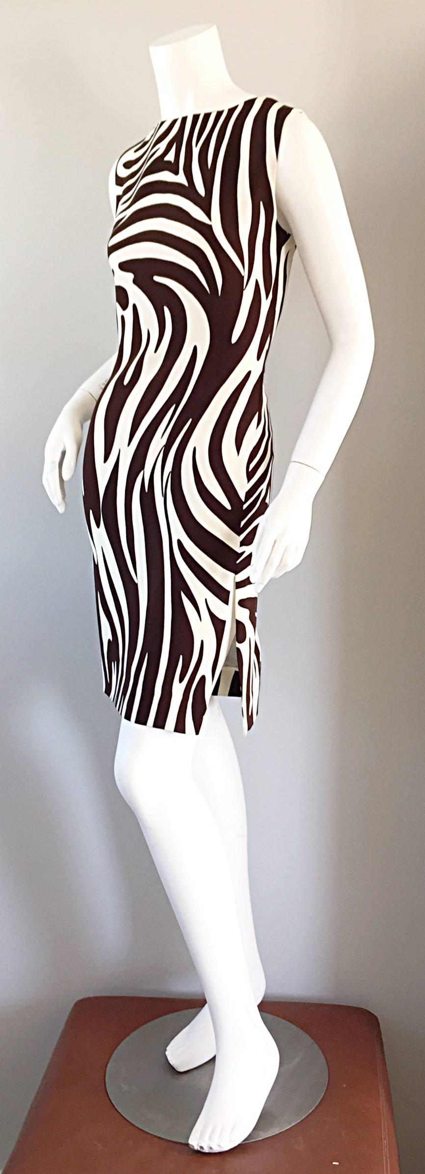 Chic Vintage Bill Blass FW92 Brown + Ivory Silk Zebra Safari Runway Dress In Excellent Condition In San Diego, CA