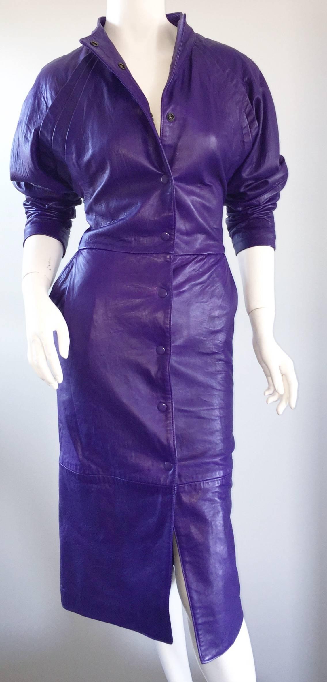 Vintage North Beach Leather by Michael Hoban Purple Leather Dress or Jacket In Excellent Condition In San Diego, CA