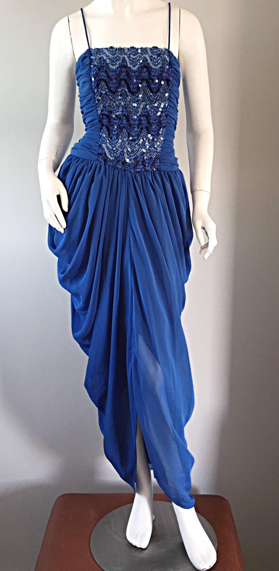Blue Sexy Joy Stevens Vintage 1970s 70s Sequin Disco Grecian Tulip Dress