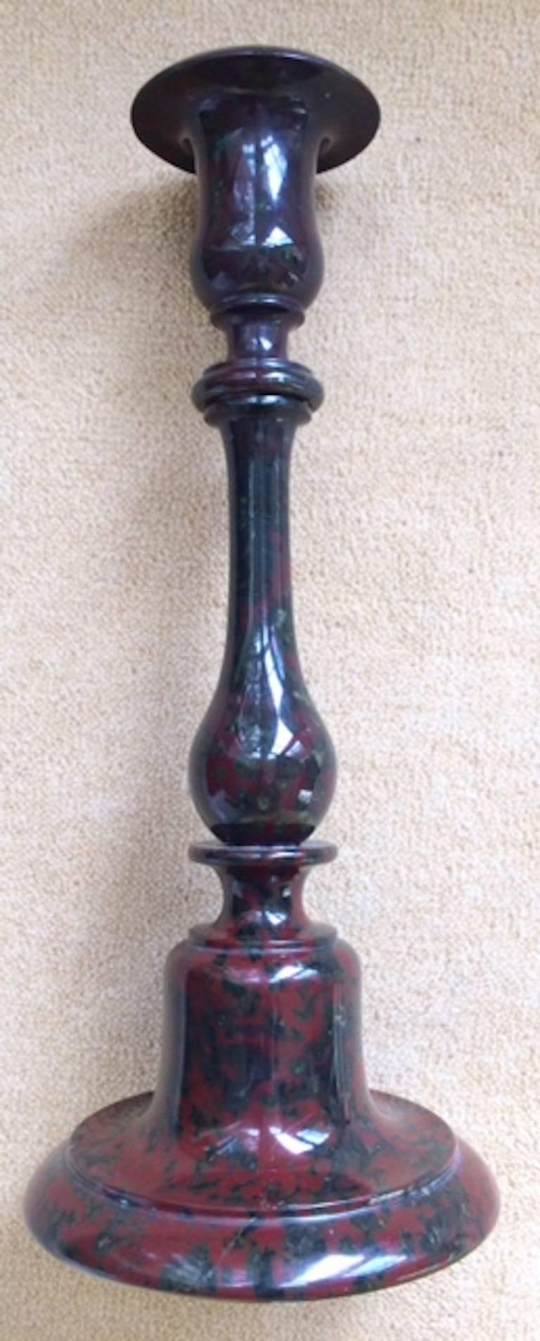 Victorian Rare Pair of 19th Century English Serpentine Candlesticks of Burgundy Color For Sale