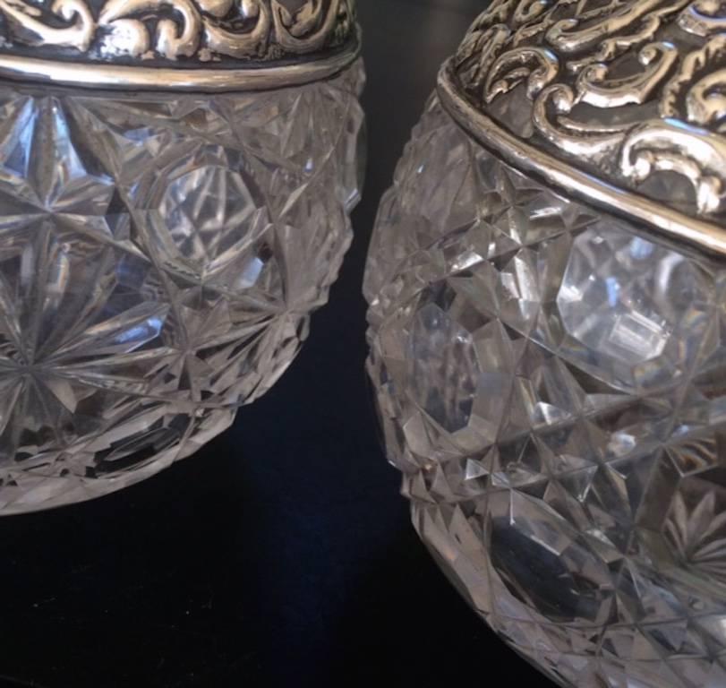 20th Century Pair of Glass Silver Mounted Perfume Bottles Made by Mathew John Jessop