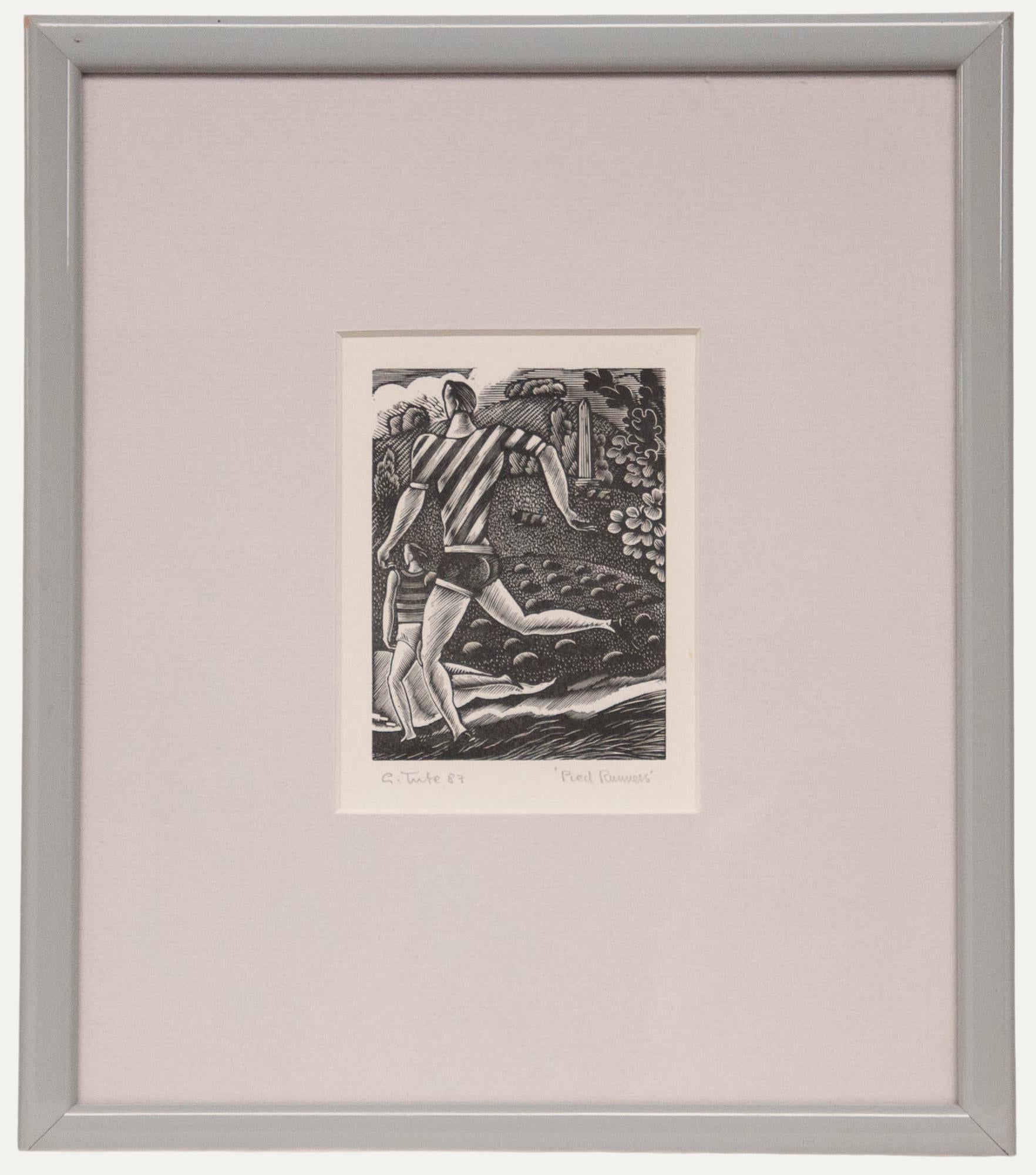 George William Tute - Framed 20th Century Wood Engraving, Pied Runners
