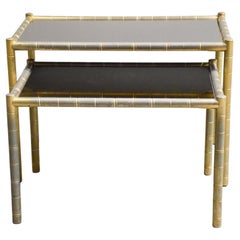 Set of 2 Vintage Brass-Plated Coffee Tables in Bamboo, 1970s Set of 2 Vintage Brass-Plated Coffee Tables in Bamboo, 1970s