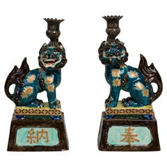 Pair of Chinese Style Decorative Porcelain Foo Dog Candlesticks Pair of Chinese Style Decorative Porcelain Foo Dog Candlesticks