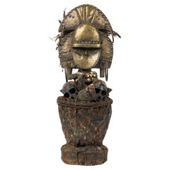 African Gabon 20th Century Wood & Brass Kota Mahangwe Reliquary Figure w/ Basket