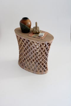Stone Oval Table (17", Rainbow Teak), Hand-Carved Jali Lattice