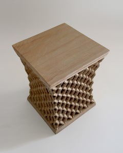 Jali Square Side Table (12", Rainbow Teak), Stone Openwork Apron