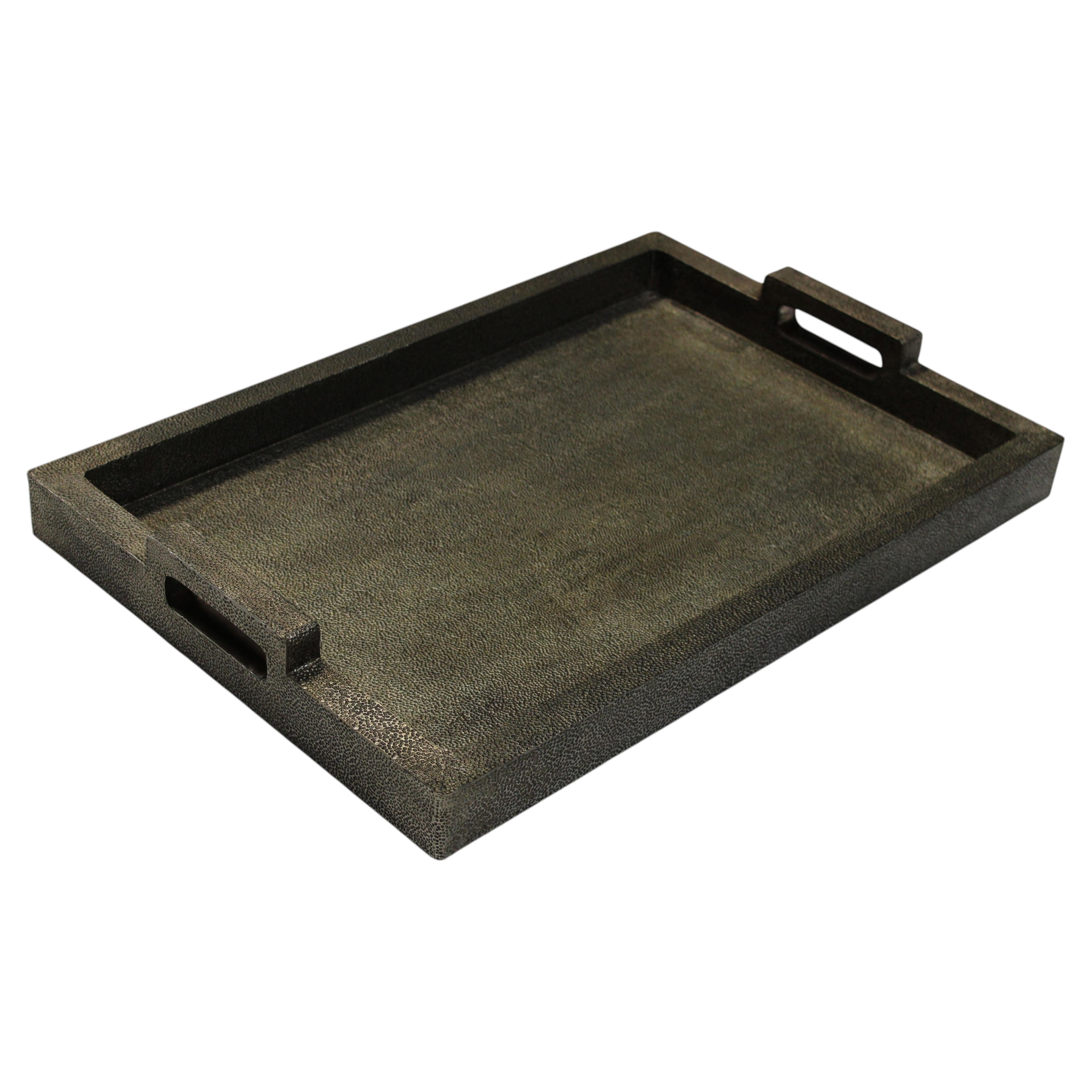 Contemporary Tray, Antiqued White Bronze Metal Clad Rectangular