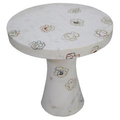 White Marble Table, Repeating Roses Stone Inlay