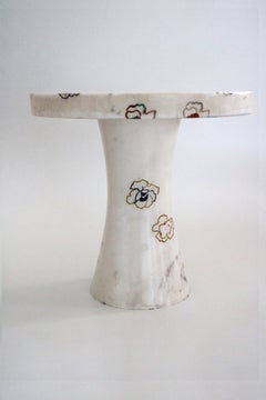 White Marble Table, Repeating Roses Stone Inlay