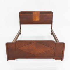 1930 Art Deco Inlaid Wood Full Size Bed Frame with Headboard