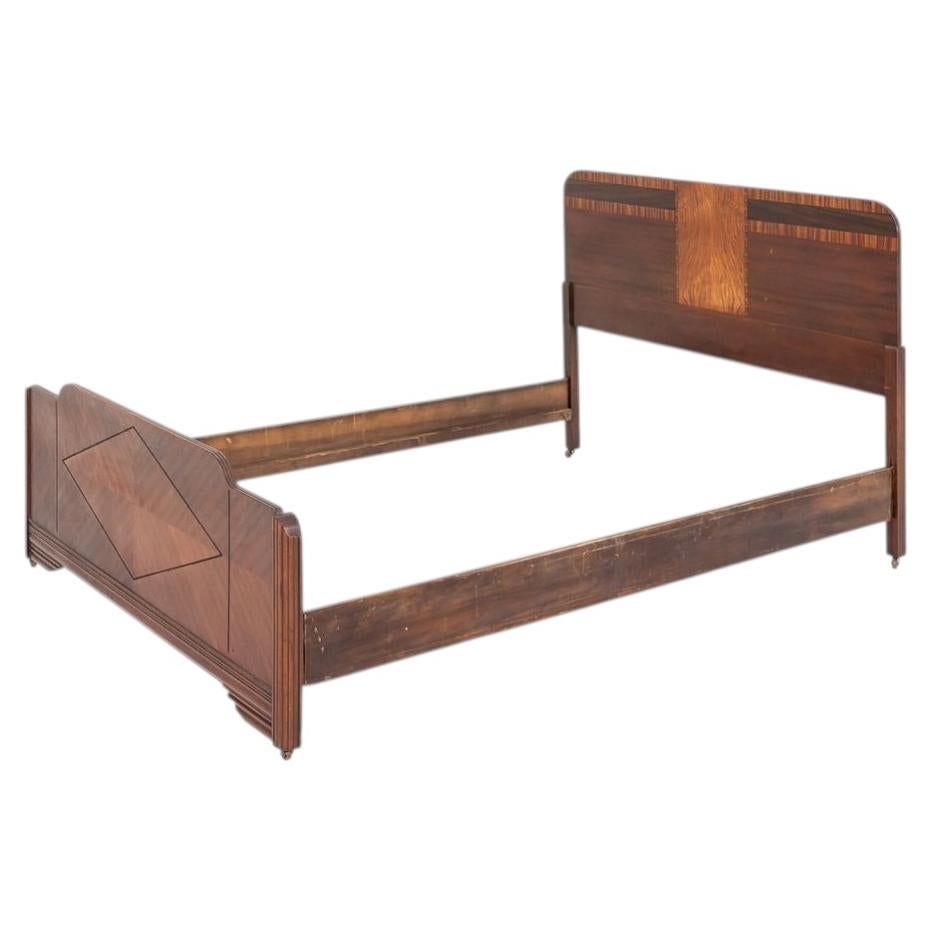 1930 Art Deco Inlaid Wood Full Size Bed Frame with Headboard For Sale