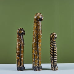 Medium Folk Art Hand Carved and Painted Wooden Cat Statue