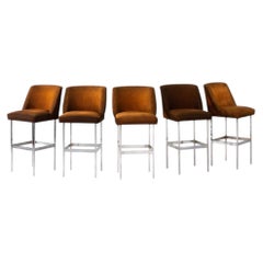 1970s Set of Five Chrome Steel and Fabric Bar Stools in Brown