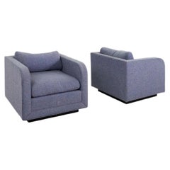1980s Pair of Nicos Zographos CH.86P Tuxedo Lounge Chairs in Blue Fabric