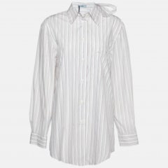 Prada - Chemise à col noué et boutonnée en coton rayée blanche M