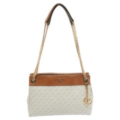 Michael Kors White/Brown Signature Coated Canvas and Leather Small Susan Tote