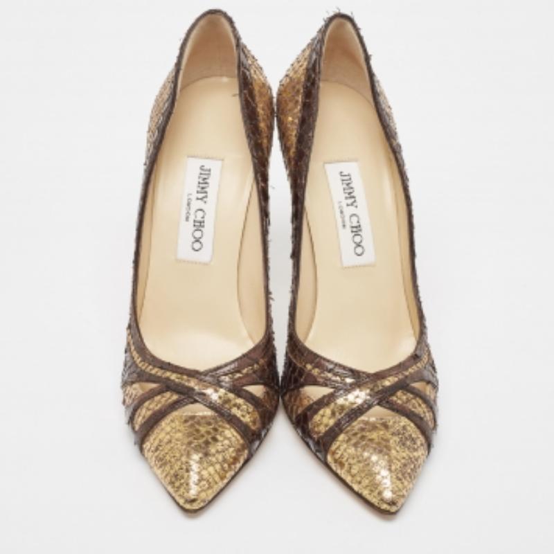 Women's Jimmy Choo Brown/Gold Python Pointed Toe Pumps Size 37 For Sale