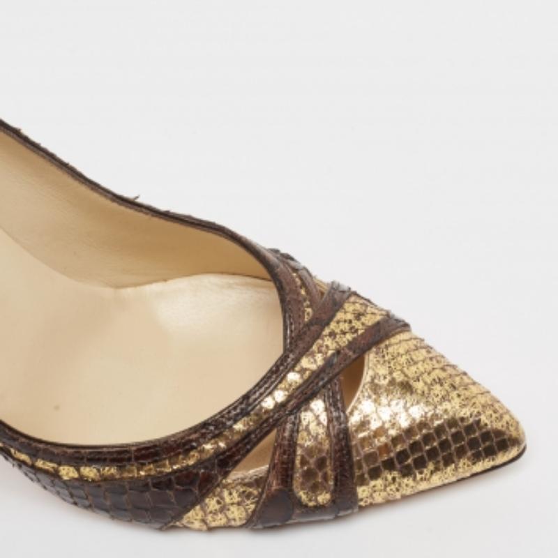 Jimmy Choo Brown/Gold Python Pointed Toe Pumps Size 37 For Sale 3