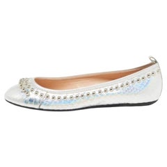 Tod's Silver Snakeskin Embossed Leather Studded Ballet Flats Size 35.5
