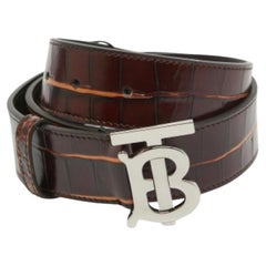 Burberry Dark Brown Croc Embossed Leather TB Buckle Belt 80CM