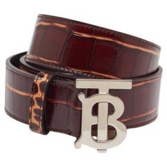 Used Burberry Brown Croc Embossed Leather TB Buckle Belt 80CM