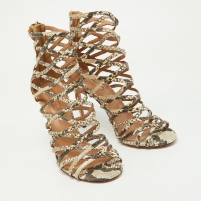 Aquazzura Beige/Braun Python geprägte Leder Knockout Sandalen Größe 37.5 im Angebot 1
