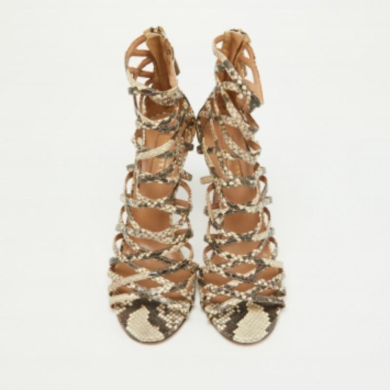 Aquazzura Beige/Braun Python geprägte Leder Knockout Sandalen Größe 37.5 im Angebot 3