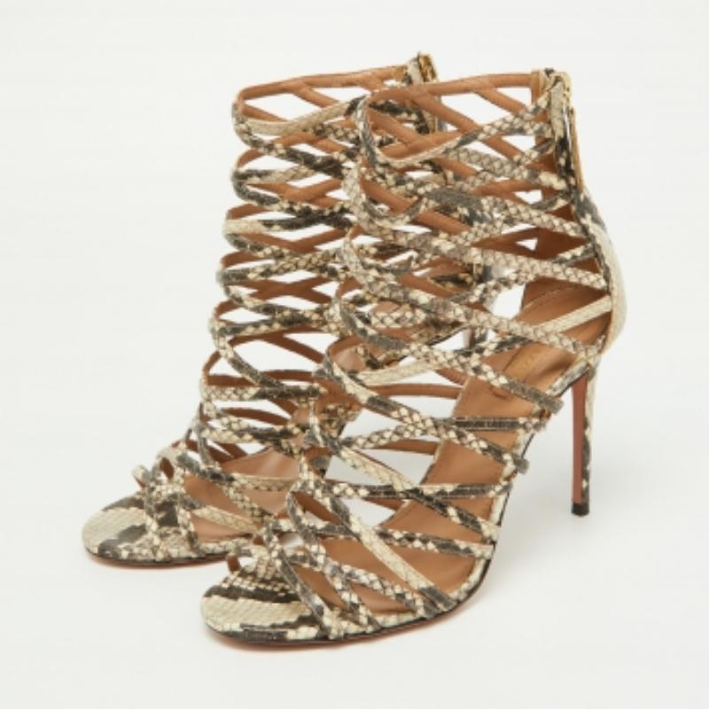 Aquazzura Beige/Braun Python geprägte Leder Knockout Sandalen Größe 37.5 im Angebot 4