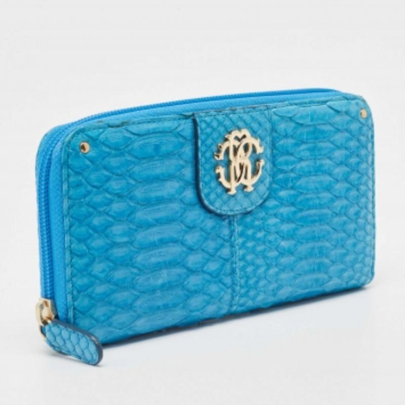 Roberto Cavalli Portafoglio continentale con zip in pitone blu in vendita 1
