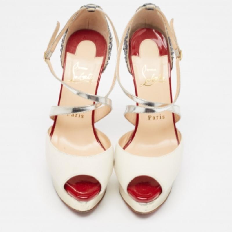 Women's Christian Louboutin Python And Leather Crisscross Peep Toe Pumps Size 37 For Sale
