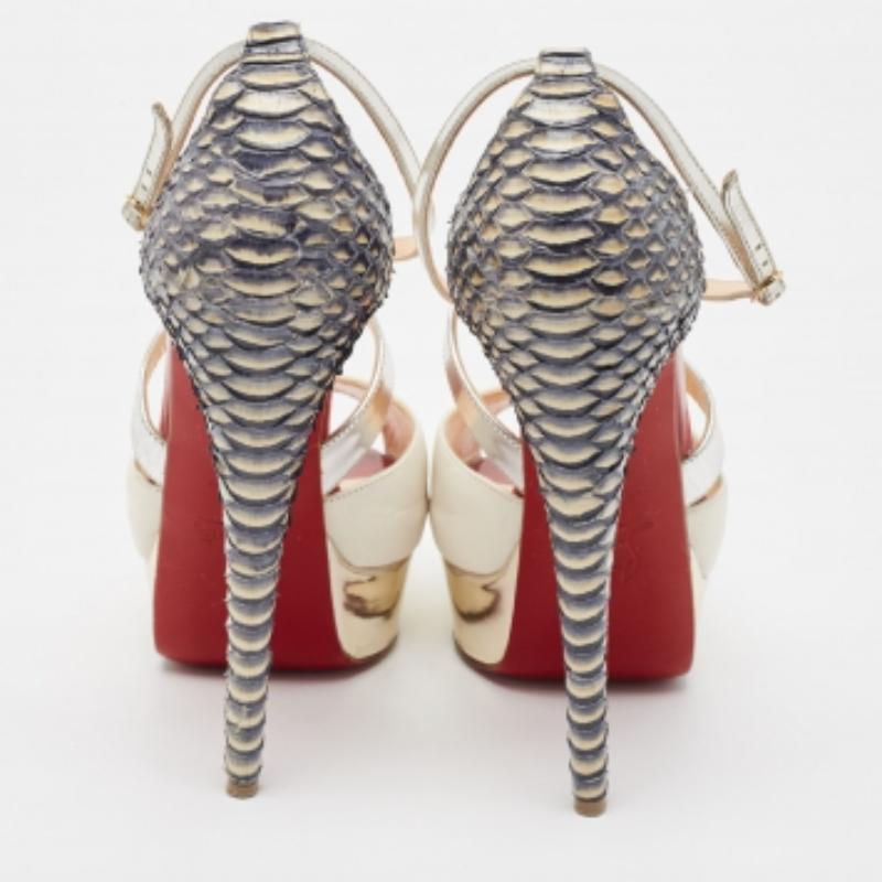 Christian Louboutin Python And Leather Crisscross Peep Toe Pumps Size 37 For Sale 1