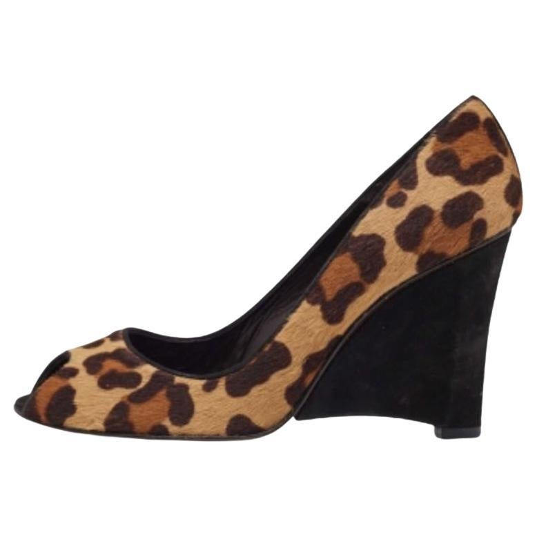 Stuart Weitzman - Marrone/Beige, stampa animale, capelli di vitello, zeppa Peep Toe - Taglia 38