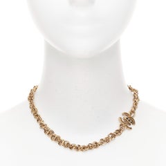 CHANEL 11A aged gold  braided multi link black crystal CC short necklace