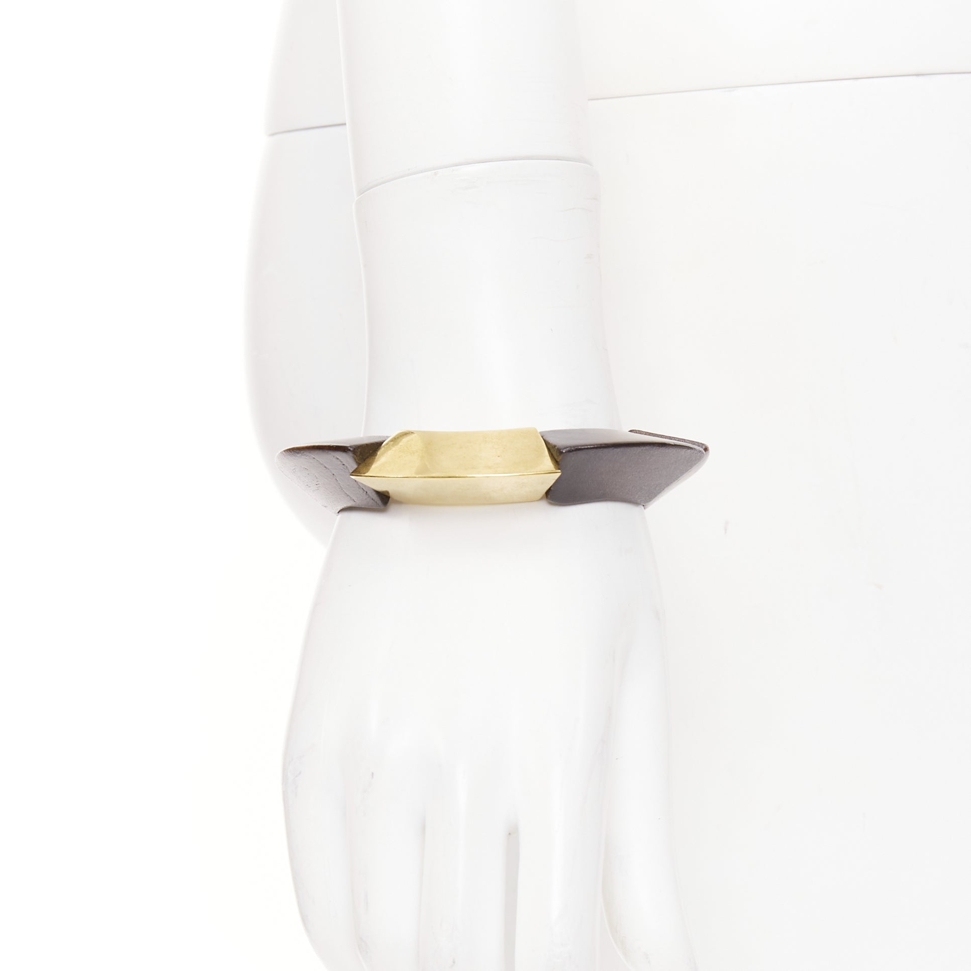 SAINT LAURENT 2020 Spinning Top Bangle goldtone brass wood elastic bracelet cuff For Sale
