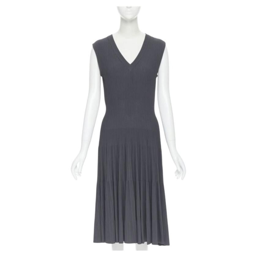 ALAIA dust grey ribbed V-neck sleeveless fit flared cocktail dress M