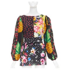 DOLCE GABBANA 2021 Runway patchwork floral pineapple polka dot silk top IT38 XS