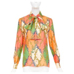 GUCCI 2021 Fluo Barocco orange green  GG Rhombus Ramage silk blouse IT38 XS