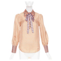 GUCCI Romain GG mixed print geometric pussy bow silk twill shirt blouse IT36 XXS