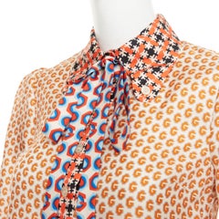 GUCCI Romain GG mixed print geometric pussy bow silk twill shirt blouse IT36 XXS