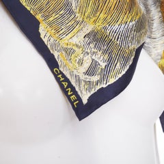 CHANEL navy gold graphic cc camellia logo print silk twill square scarf