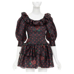 ALESSANDRA RICH 2019 Polka Dot Rose Print silk ruffled puff sleeve dress IT38 XS