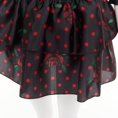 ALESSANDRA RICH 2019 Polka Dot Rose Print silk ruffled puff sleeve dress IT38 XS