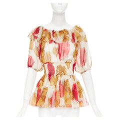 DOLCE GABBANA 2018 Cookie Rose print smocked ruffle sheer silk peplum top IT38