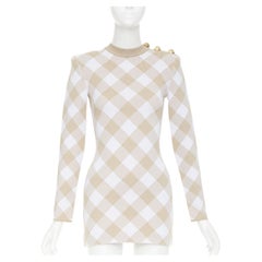 BALMAIN Vichy nude gingham checked checkered dress gold buttons dress FR34 XS