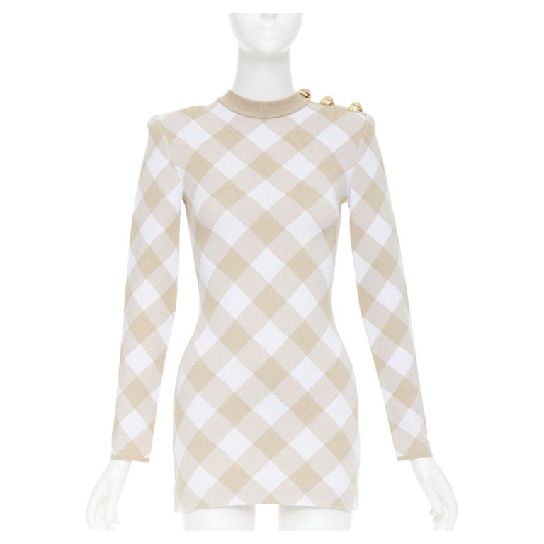 balmain white and gold dress Vichy nude gingham checked checkered buttons dress FR34 XS For Sale at 1stDibs prom dress cost