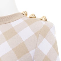 BALMAIN Vichy nude gingham checked checkered dress gold buttons dress FR34 XS